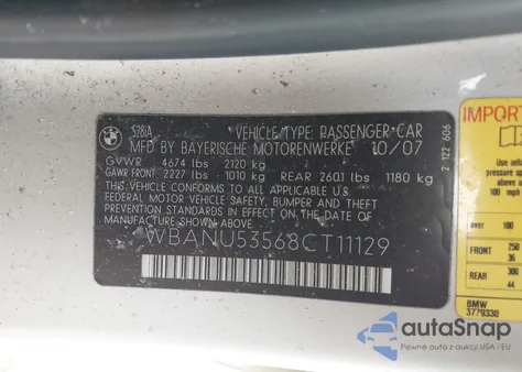 2008 BMW 528I z USA, uszkodzony, nr VIN WBANU53568CT11129